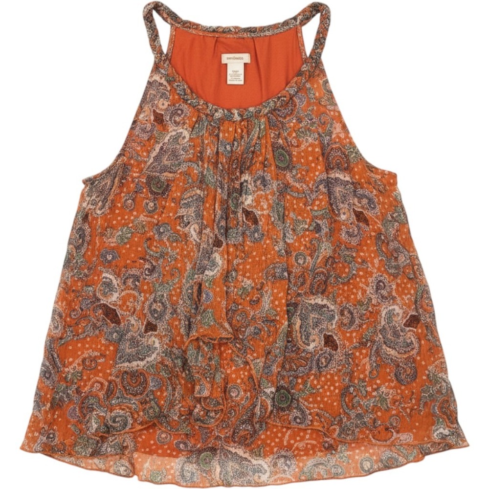 Sundance Womens Orange Silk Paisley Ruffle Braided Neck Tank Top Large